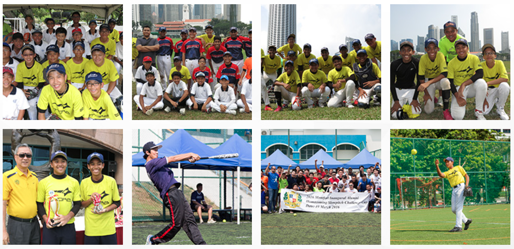 Eight photos showing youth baseball and softball teams posing, batting, and celebrating at outdoor fields with city skylines.