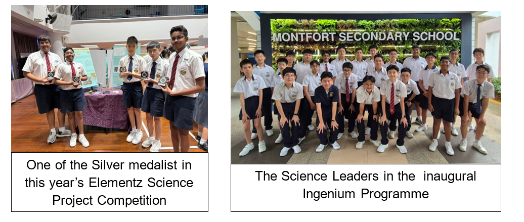 Two group photos of school students in uniforms, one holding medals, another posing at Montfort Secondary School.
