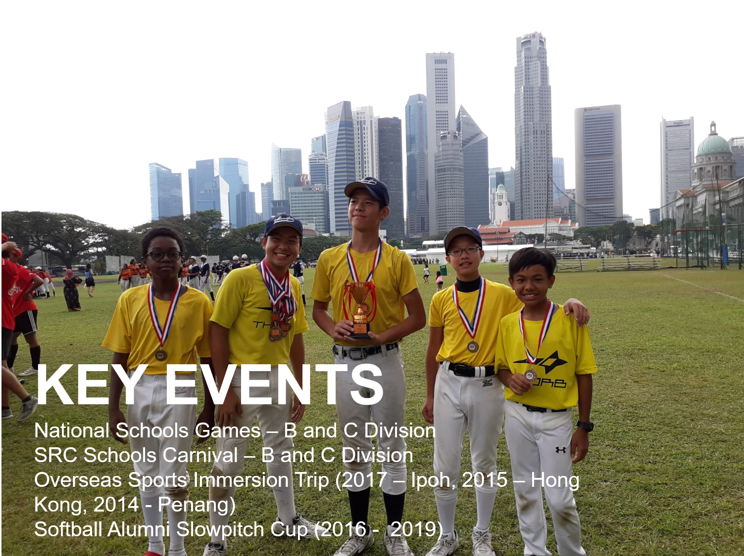 Five boys in yellow uniforms with medals pose on a field, one holding a trophy, with a city skyline behind them.