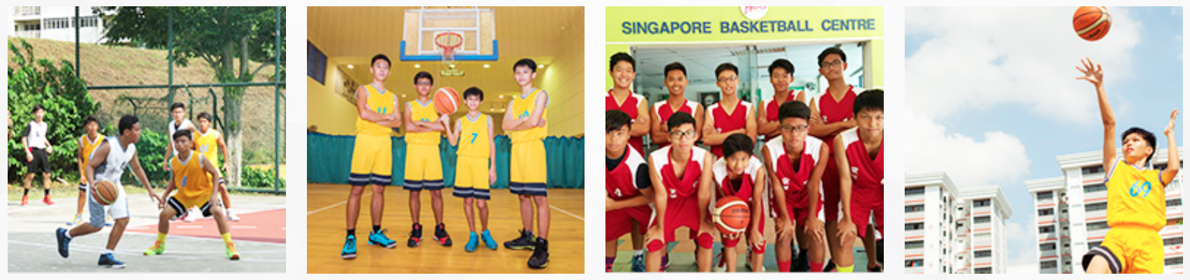 Four basketball scenes: youth playing outdoors, team in yellow uniforms, team in red at Singapore Basketball Centre, player shooting.
