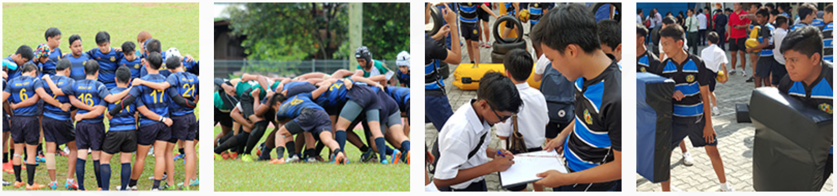 Four scenes of youth rugby: team huddle, scrum on grass, player signing a clipboard, and a player near a tackle pad.