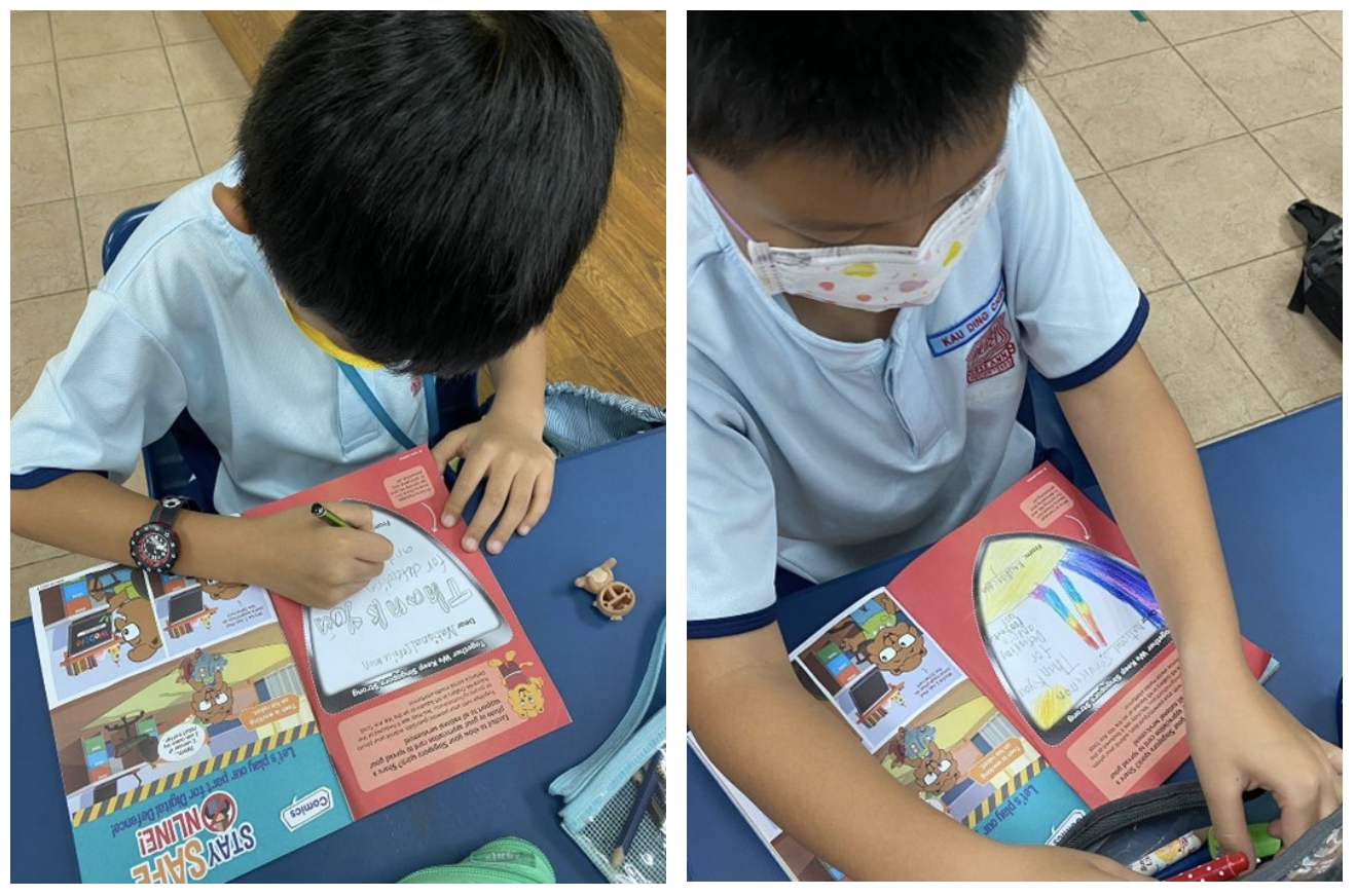 Two photos of a young boy in school uniform writing and drawing in a colorful Stay Safe Online activity booklet.