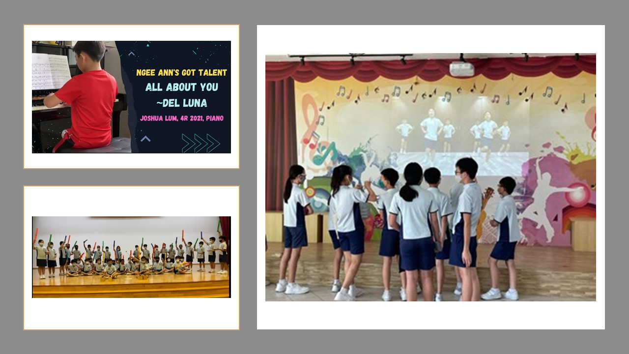 Three school event photos showing a boy playing piano, students on stage with colorful sticks, and kids watching a performance.