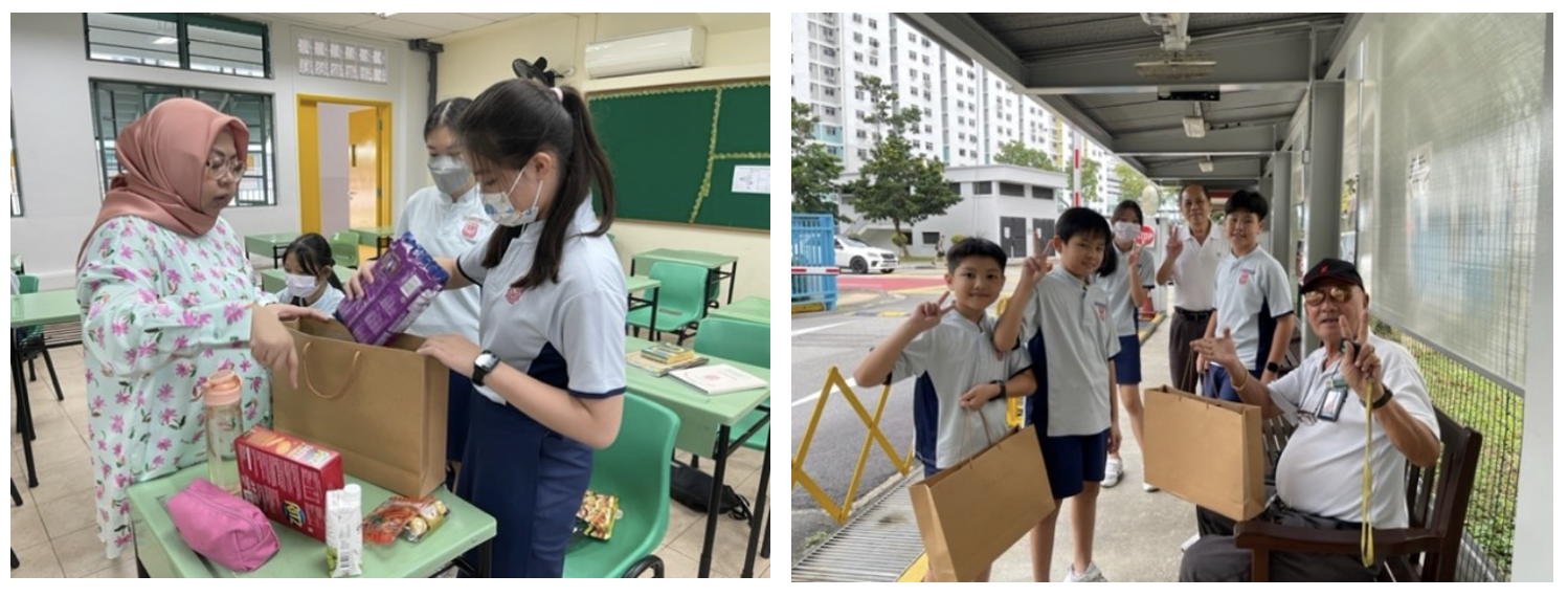 Students in uniforms give gift bags to an adult in a classroom and to an elderly man seated outdoors.