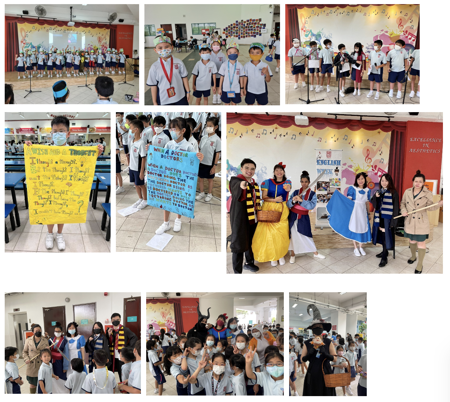 School English Week event with children in uniforms, costumed teachers as Snow White and Alice, and students holding colorful poetry posters.