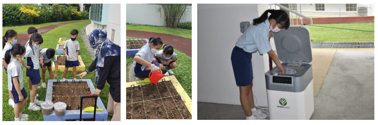 Three scenes show masked students gardening in soil beds outdoors and a girl using a composting machine.