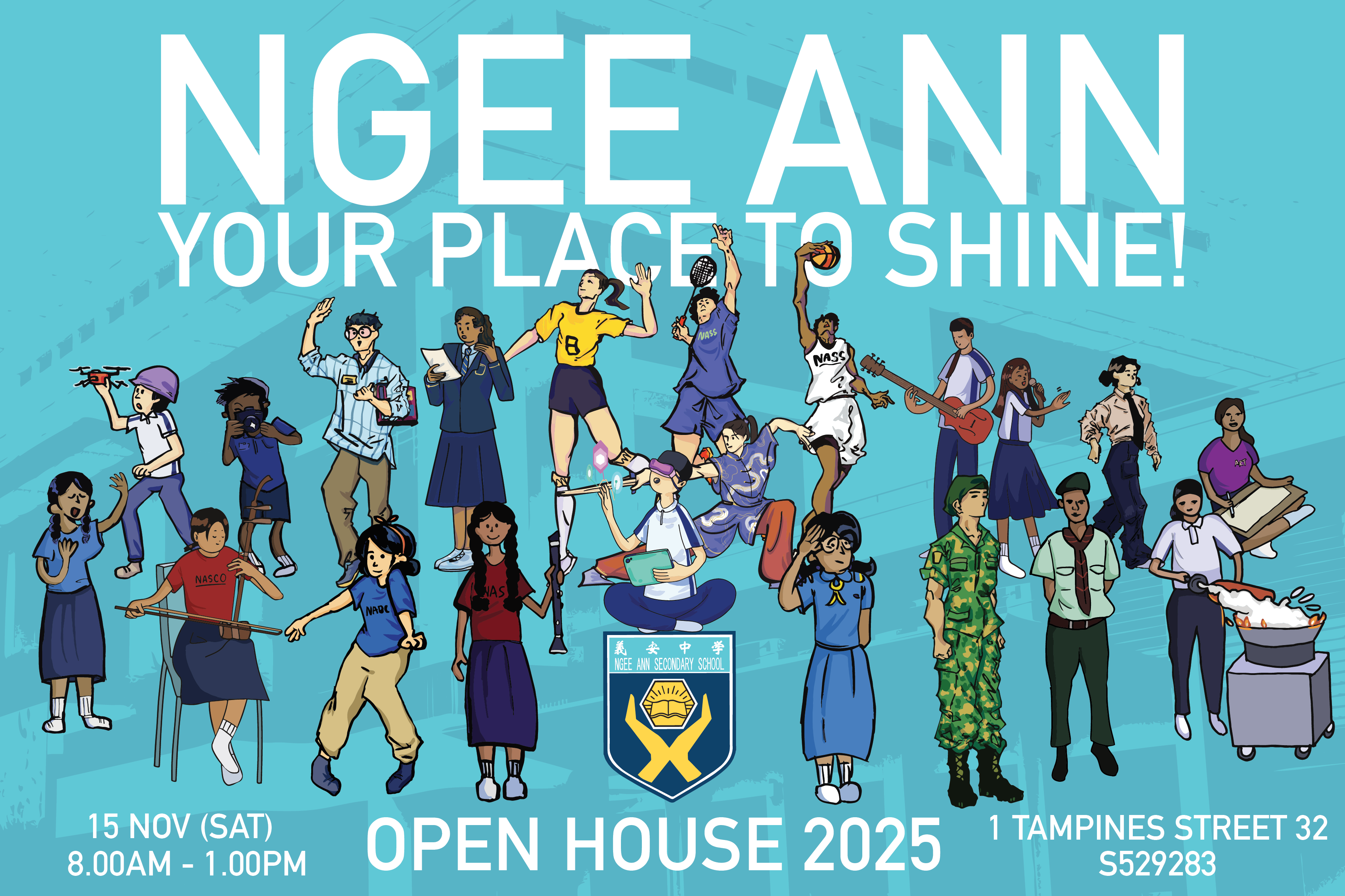 A Banner for Ngee Ann Secondary School's Open House 2025 with illustrations of students in their CCA uniforms and outfits.