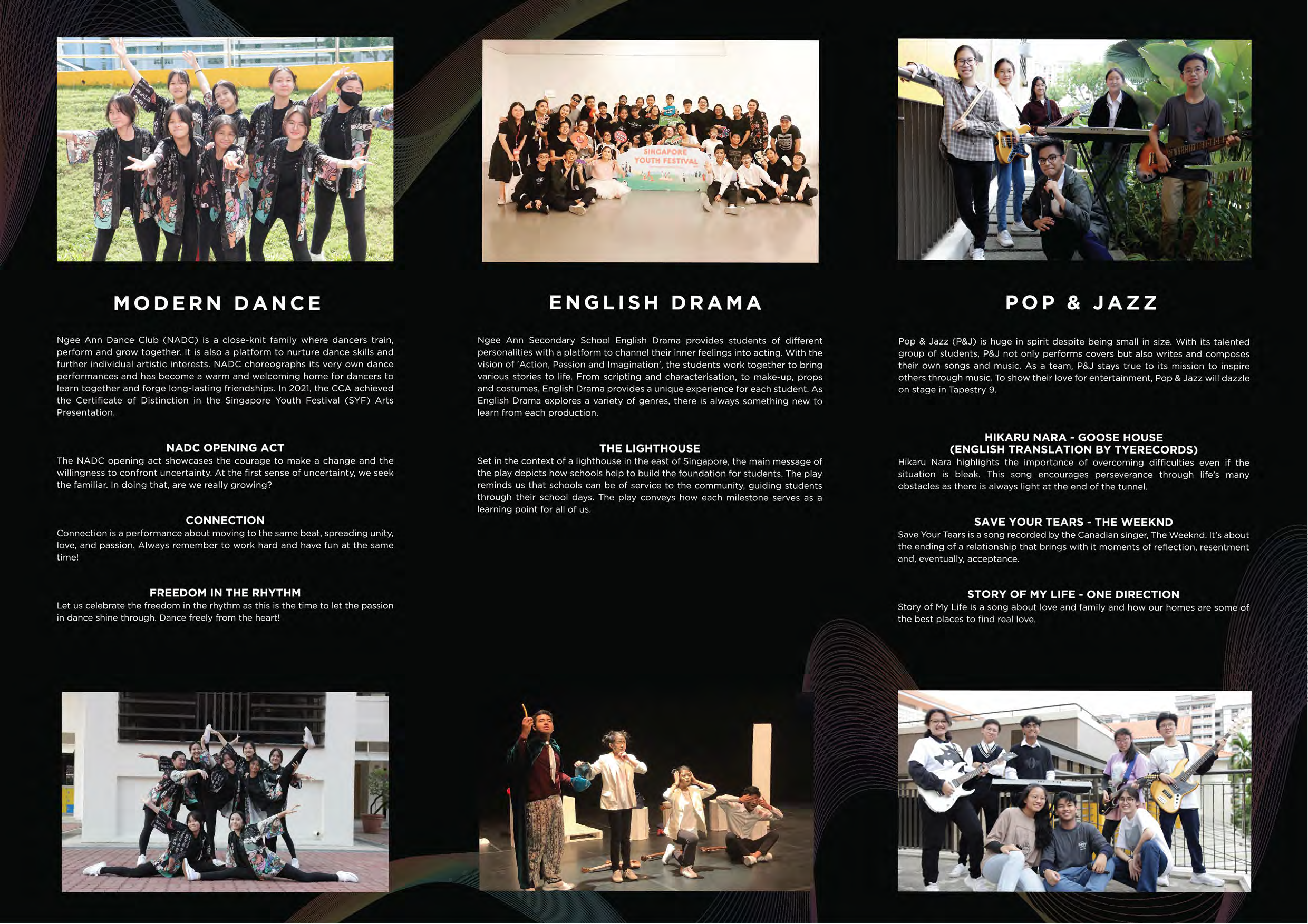 An in-house concert brochure showcasing Modern Dance, Drama Club and Pop & Jazz CCAs.