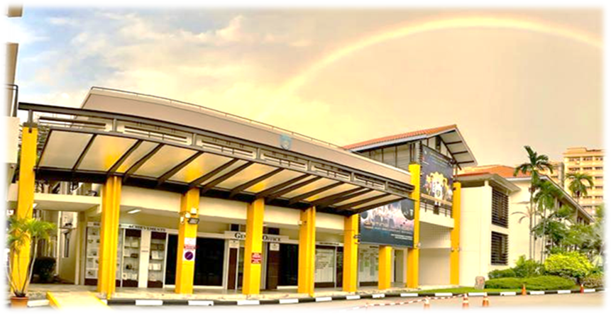 A rainbow arching in the background of the school's facade.