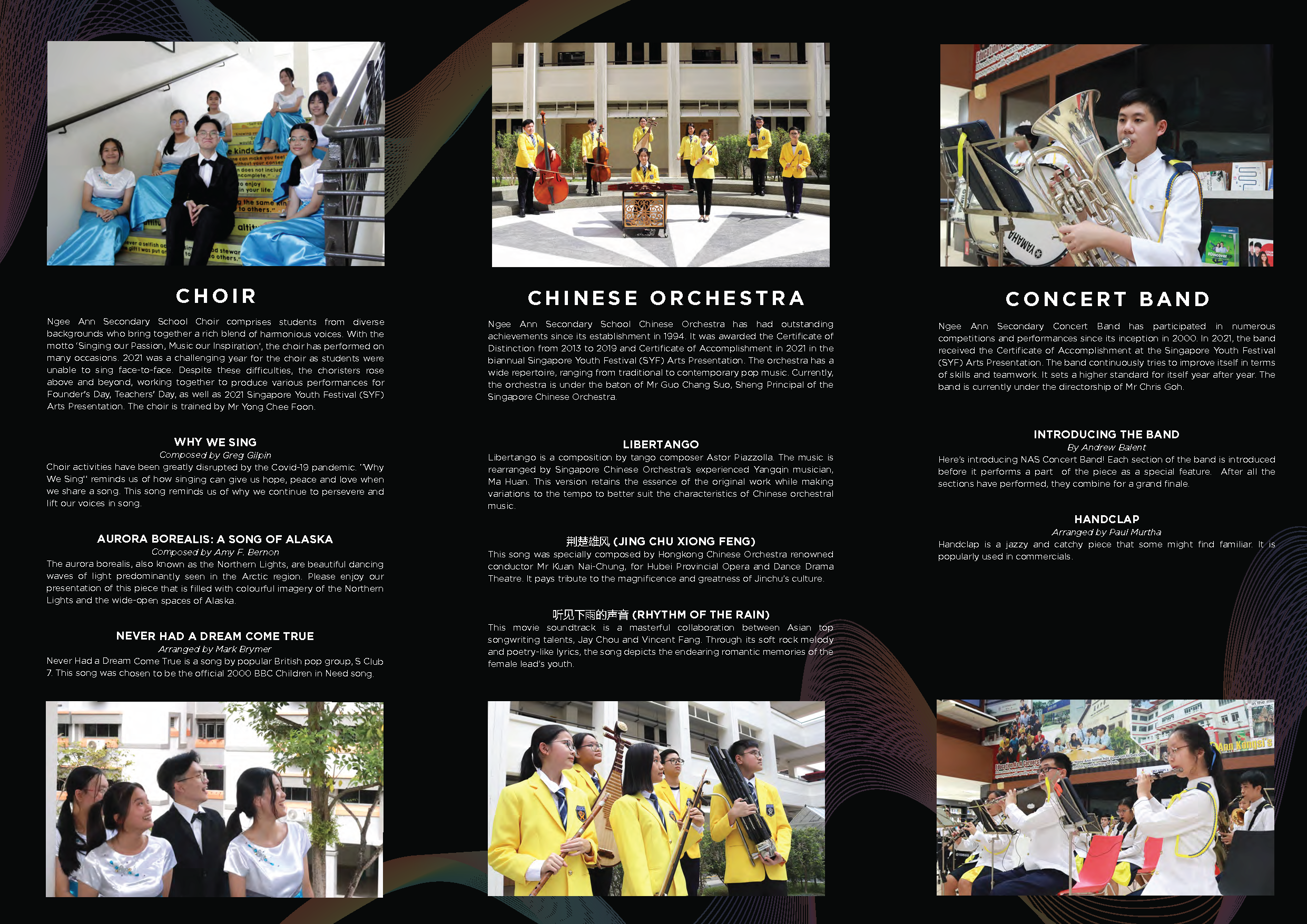 An in-house concert brochure showcasing Choir, Chinese Orchestra and Concert Band CCAs.