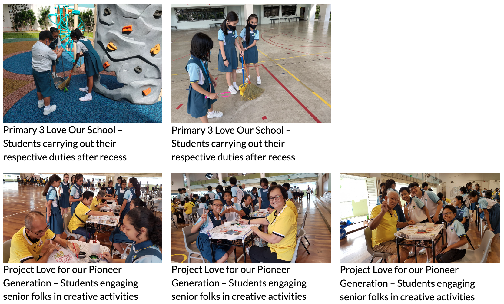 Five photos show students in blue uniforms sweeping school areas and doing art activities with elderly seniors indoors.