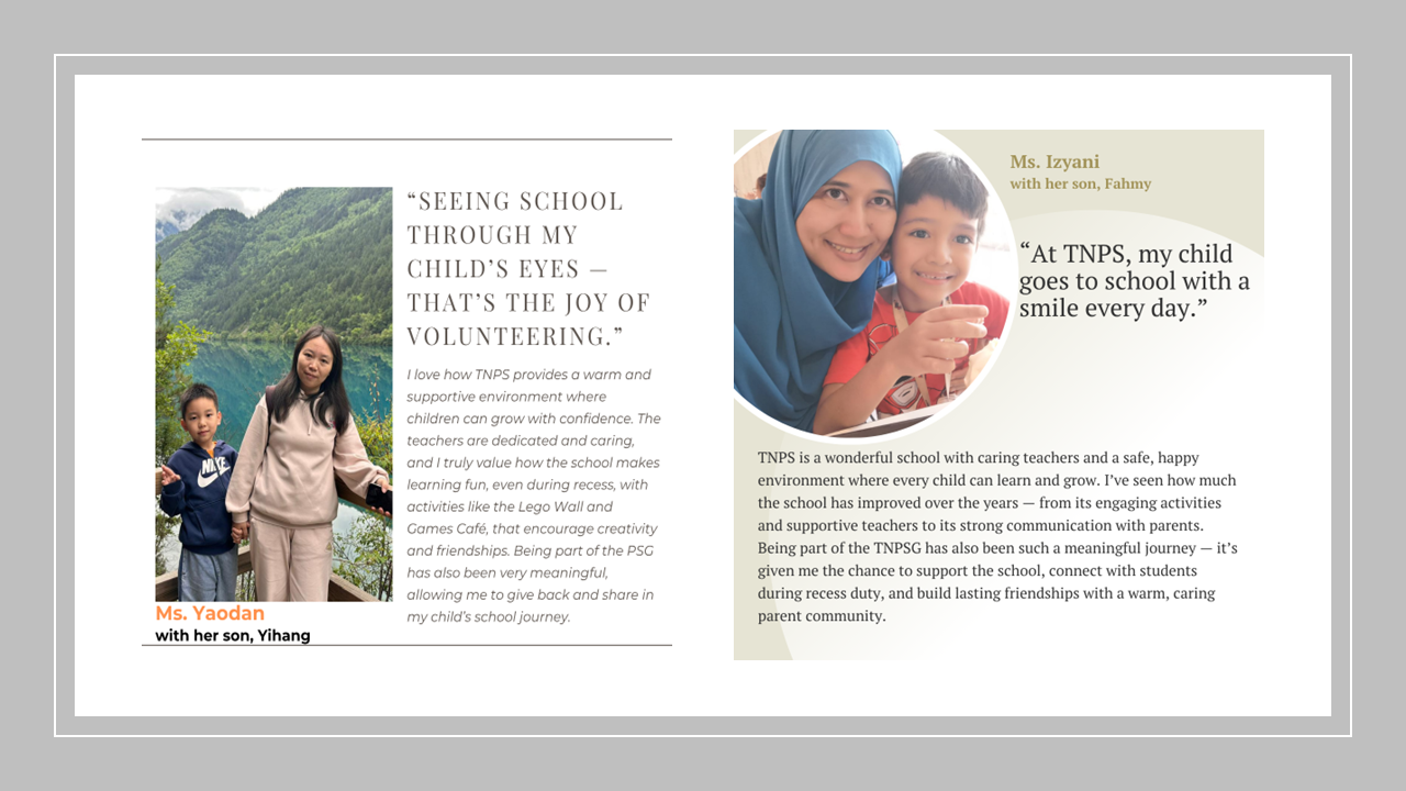 Two parent-child pairs share quotes about TNPS school, with photos of Ms. Yaodan and Ms. Izyani with their sons.