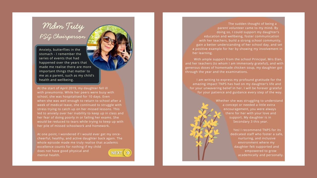 Two-panel testimonial from Mdm Tuty, PSG Chairperson, sharing her daughter's health and school journey with text and a photo.