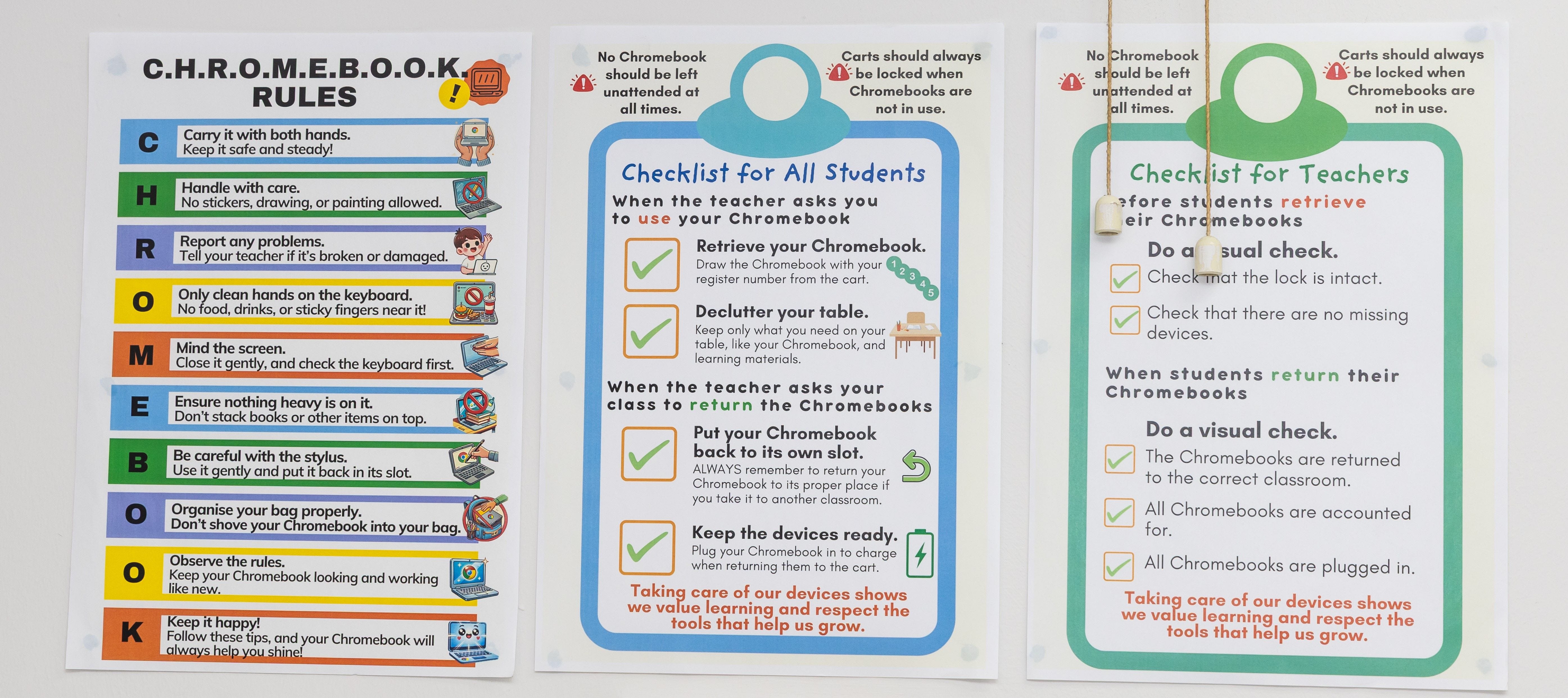 Three Chromebook classroom posters showing rules, a student checklist, and a teacher checklist with colorful text.