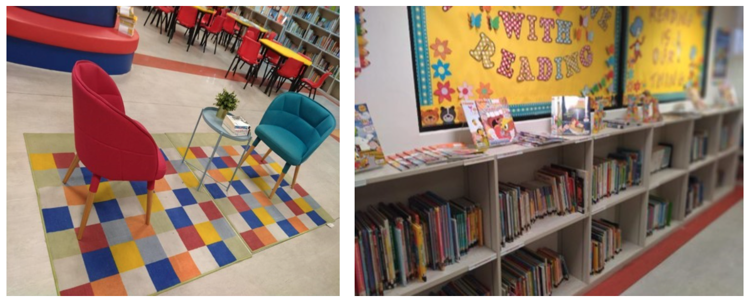 Two library scenes: colorful seating area with red and teal chairs, and low shelves of children's books below a reading bulletin board.