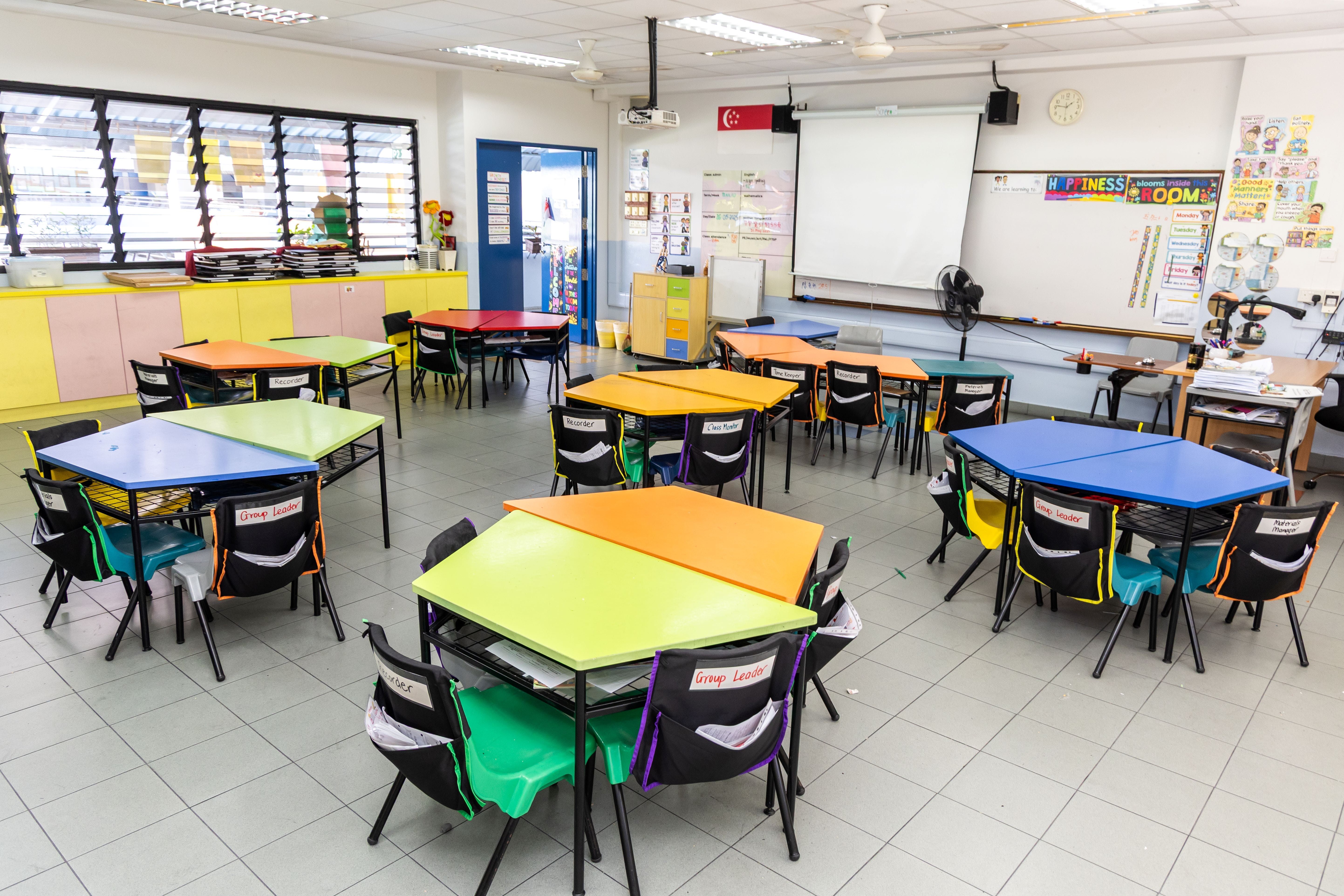 Empty classroom with colorful grouped desks, chairs, a whiteboard, projector screen, and educational posters on walls.