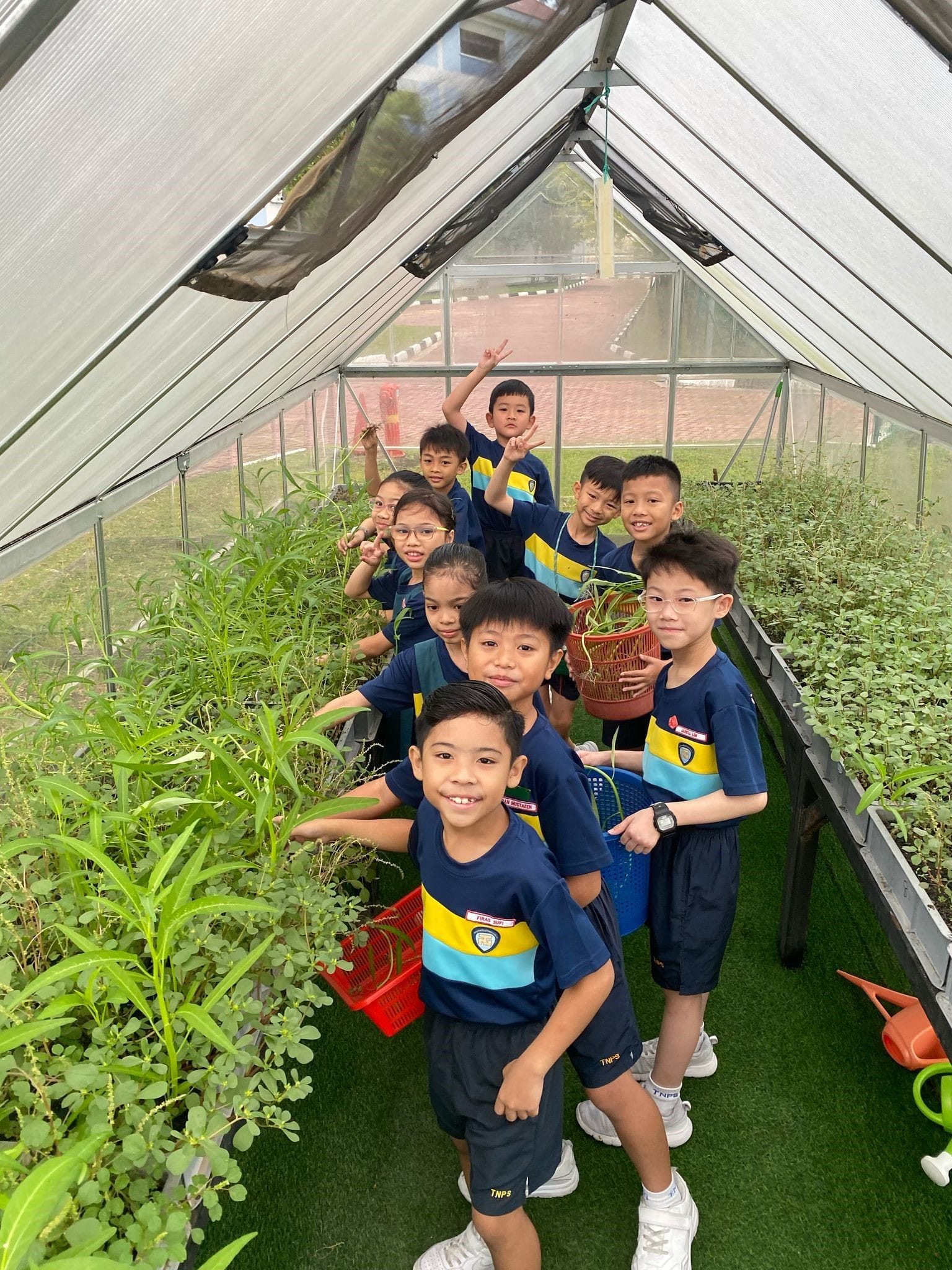 A group of young students in matching uniforms smile and pose inside a small greenhouse filled with green plants.
