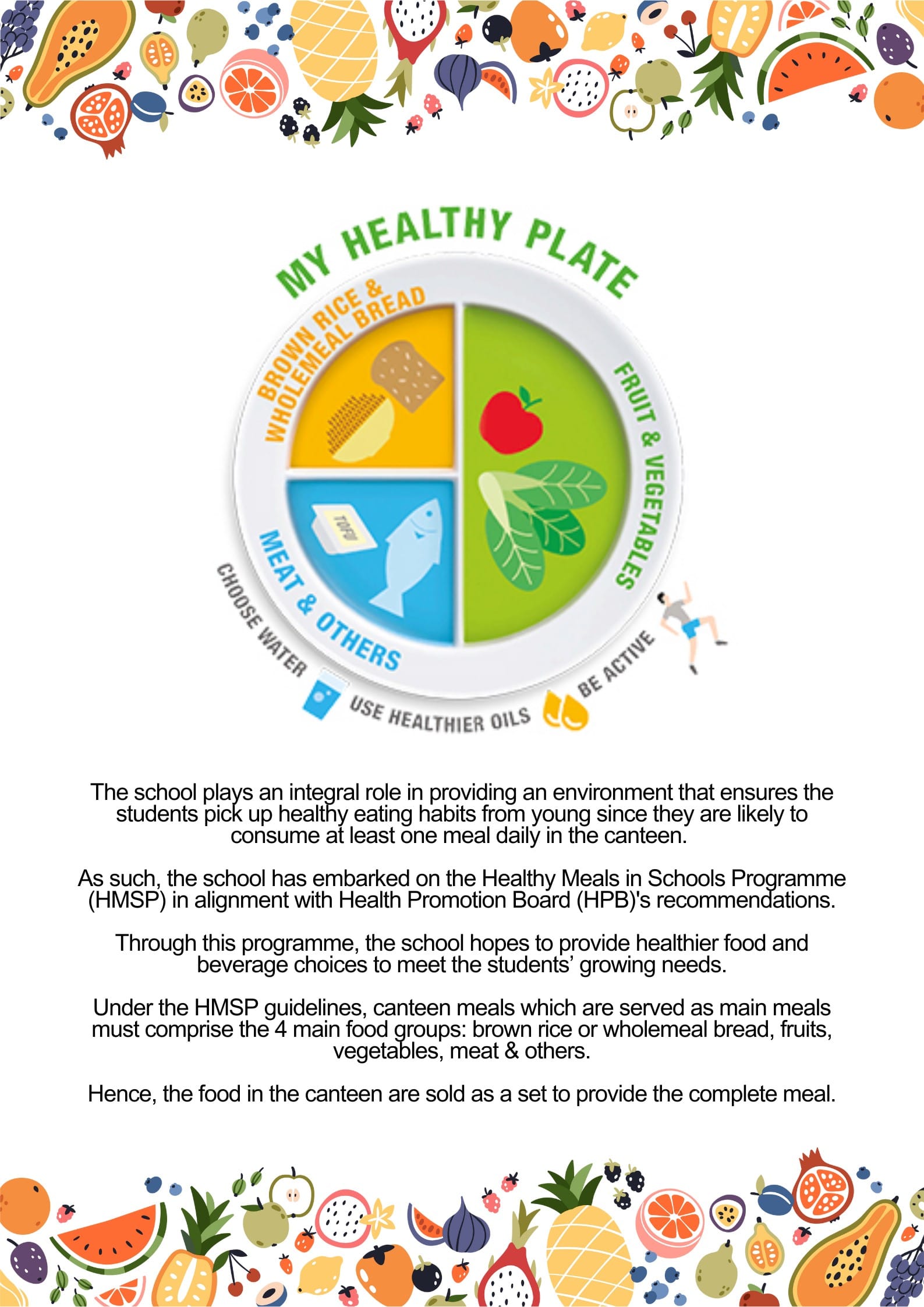My Healthy Plate diagram divided into four food groups with text about a school healthy meals programme.