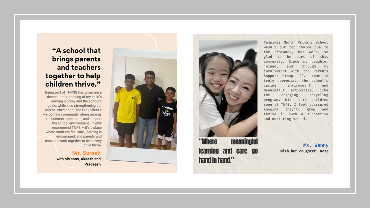 Two parent testimonials about Tampines North Primary School, each with a photo of a smiling family.