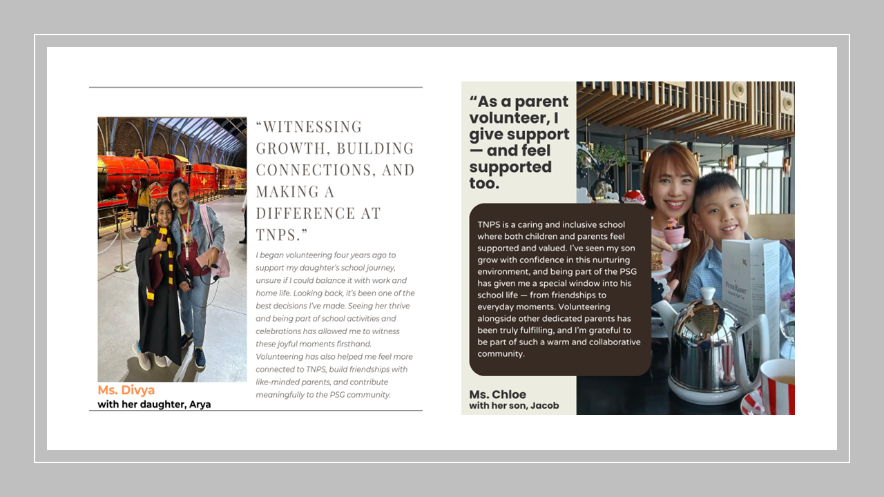 Two parent volunteer testimonials from TNPS, each with a photo: a mother with daughter, and a mother with son.