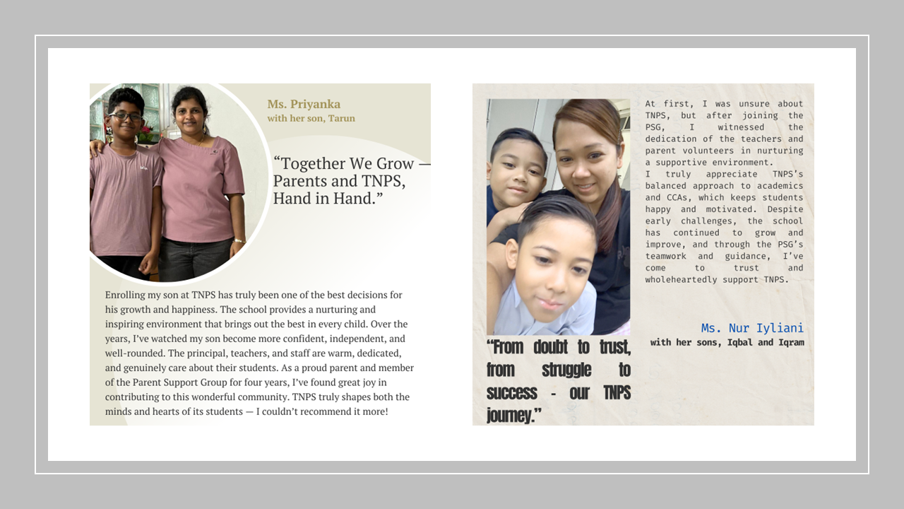 Two parent testimonials about TNPS school, each with a photo of a mother and her sons and a positive quote.
