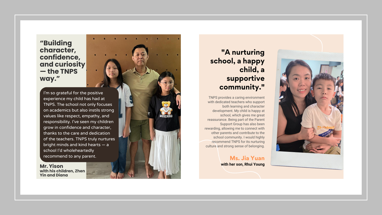 Two parent testimonials about TNPS school, each with a family photo and quotes praising the school community.