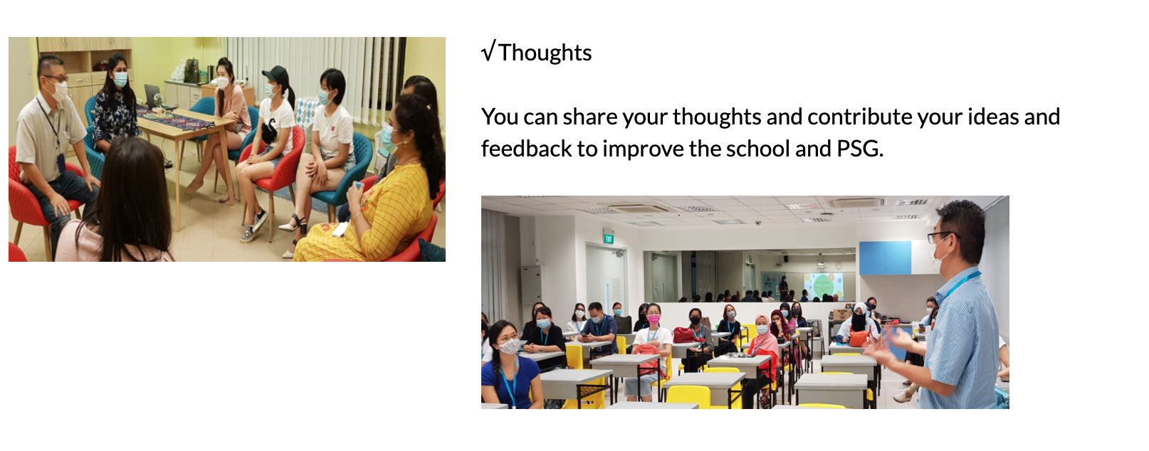Two photos show masked adults in group discussions, one small circle meeting and one classroom setting with a speaker.