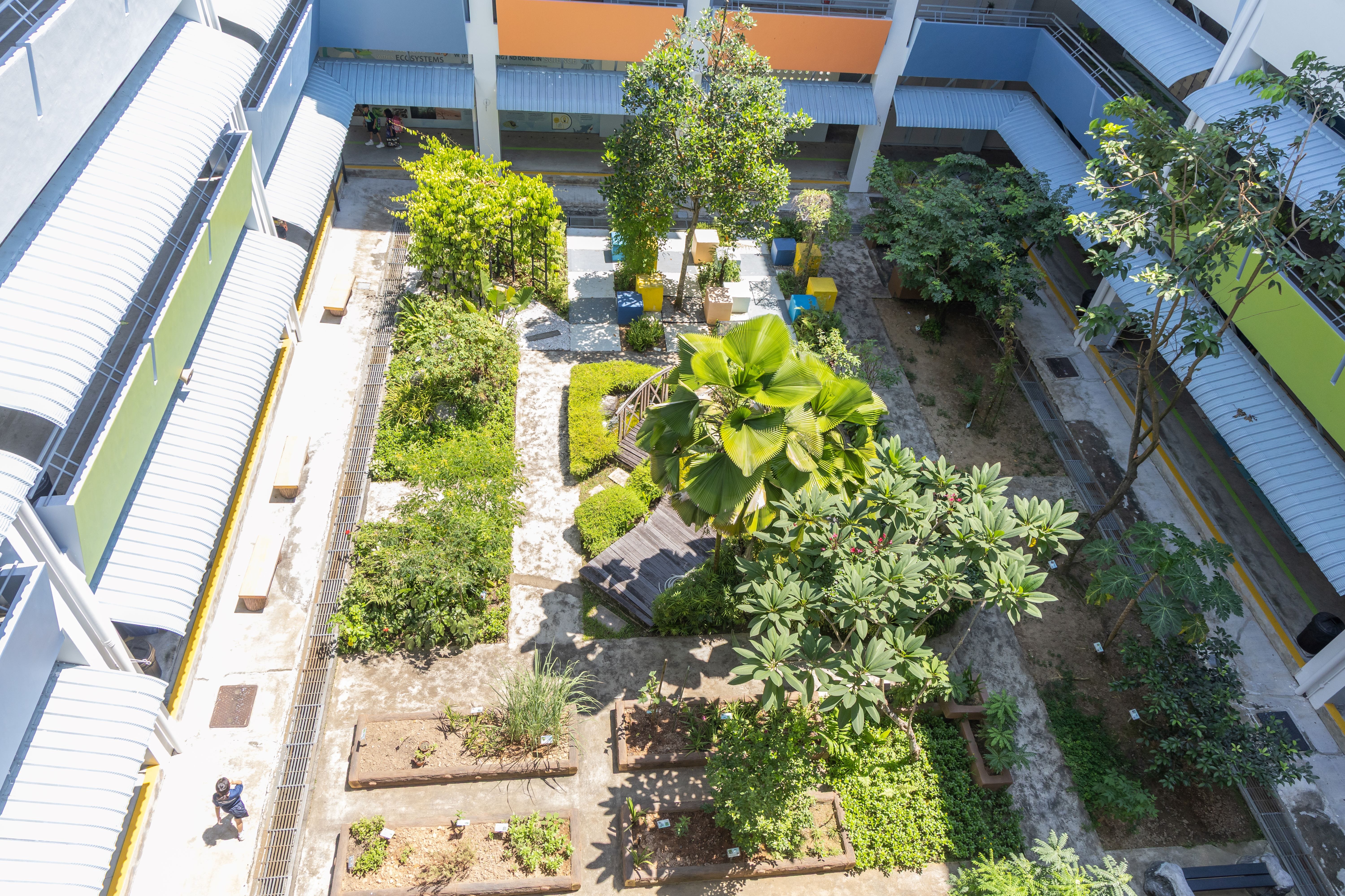 Overhead view of courtyard garden with trees, pathways, and benches between multi-story buildings.