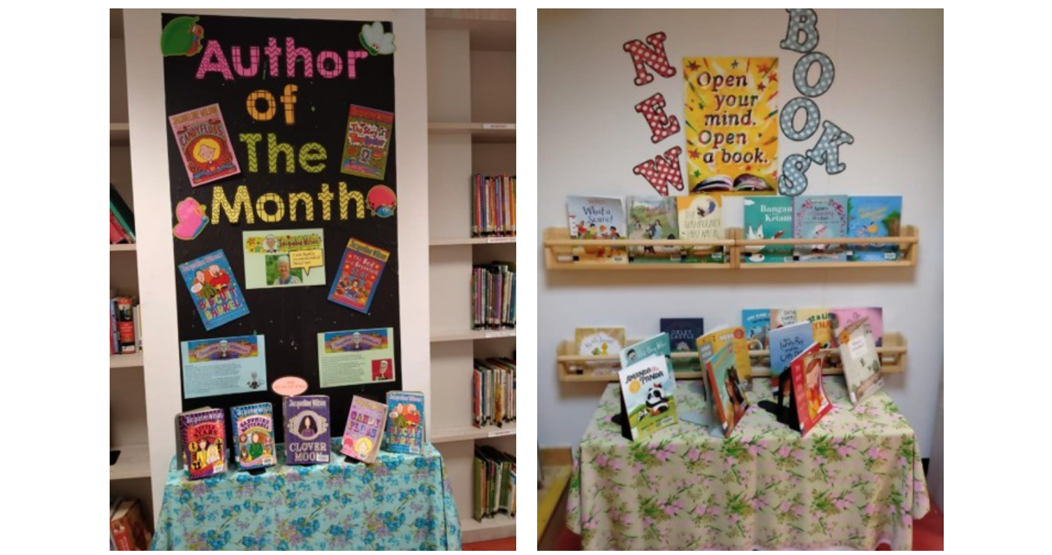 Two library displays: an Author of the Month bulletin board with books on a table, and a New Books wall shelf display.