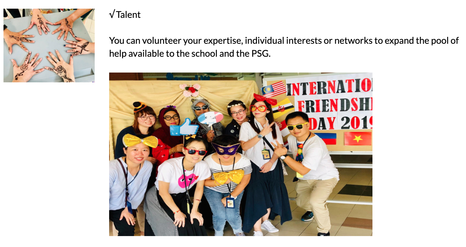 Group of people in costumes and props posing at an International Friendship Day 2019 event, with flags visible.
