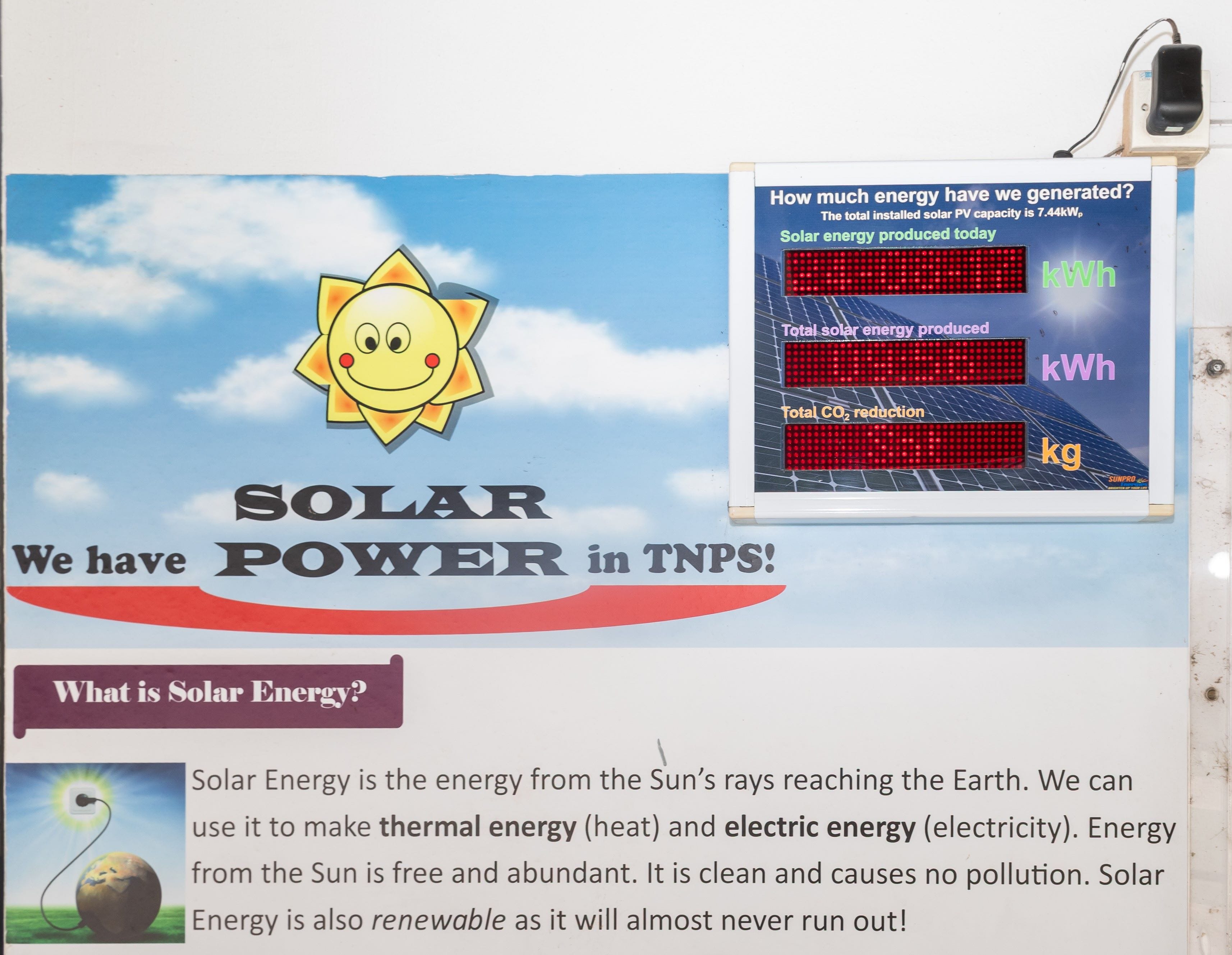 Solar power educational display with a smiling sun cartoon, LED energy monitor showing kWh and CO2 data, and text about solar energy.