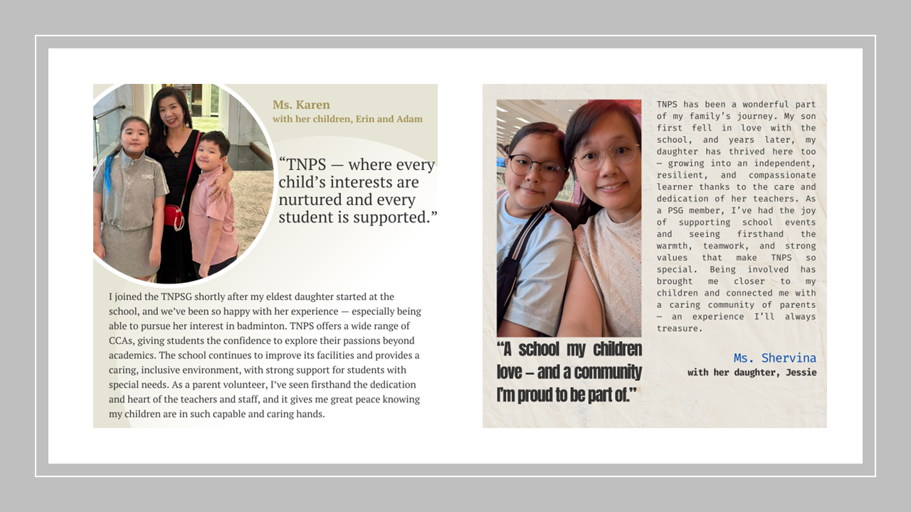 Two parent testimonials about TNPS school, each with a photo of a mother posing with her child.