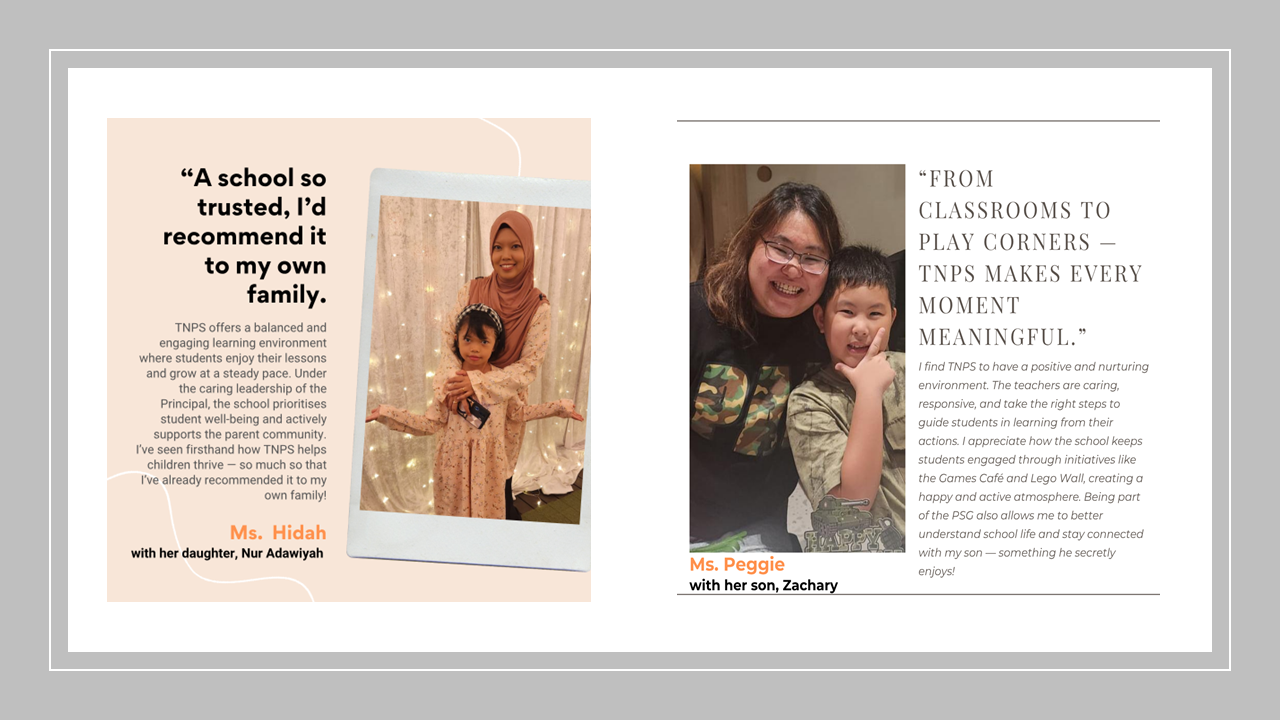 Two parent testimonials about TNPS school, each with a photo of a mother posing with her child.