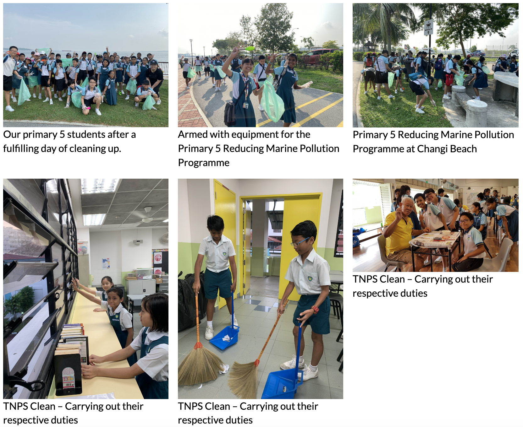 Six photos of school students cleaning a beach and school, holding trash bags, brooms, and tidying shelves.