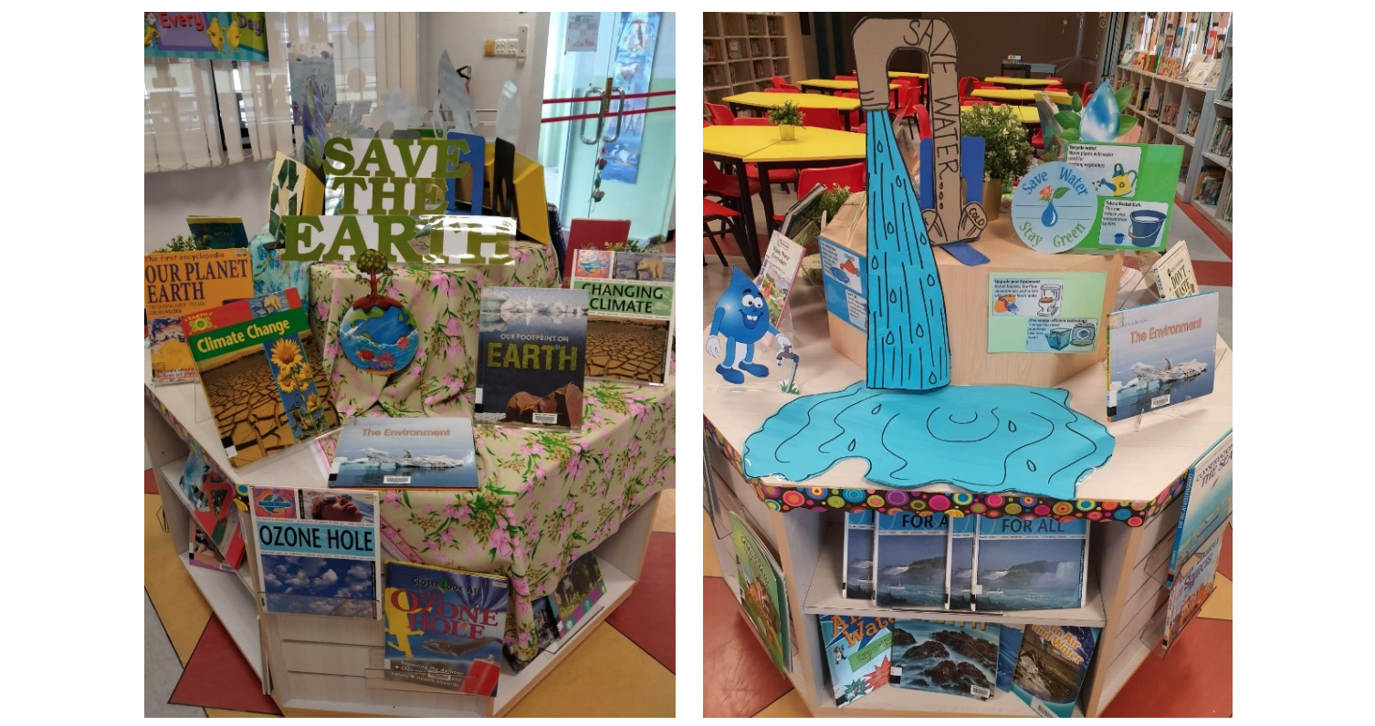 Two library displays on environment themes: one with books and a Save The Earth sign, another with a Save Water cardboard waterfall.
