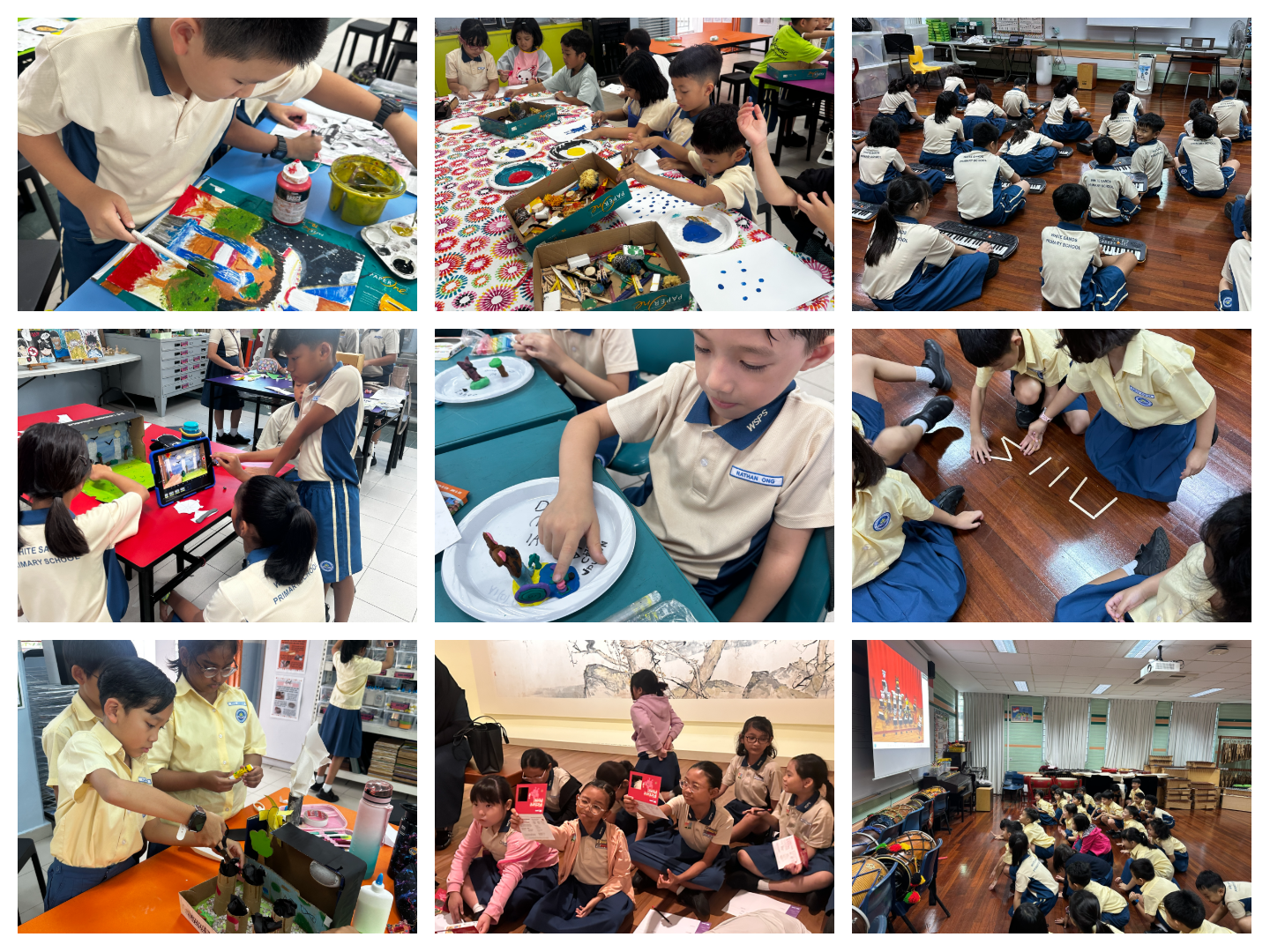 Nine photos of uniformed primary school students doing art, craft, music, and group activities in classrooms.