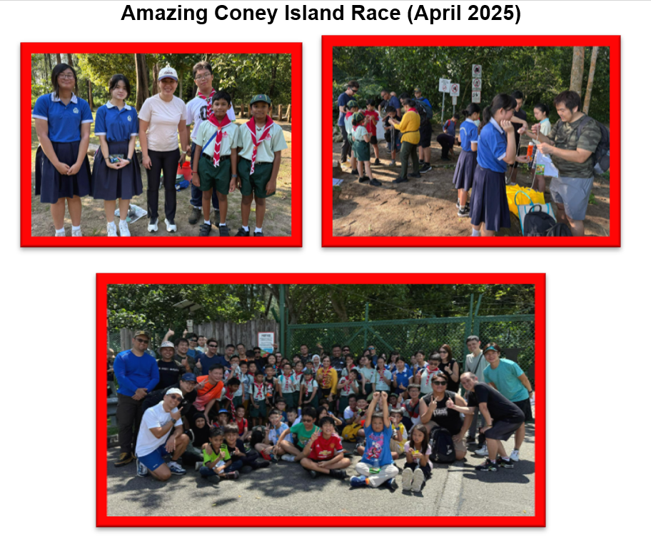 Three photos from Amazing Coney Island Race April 2025 showing students and adults posing and gathering outdoors.