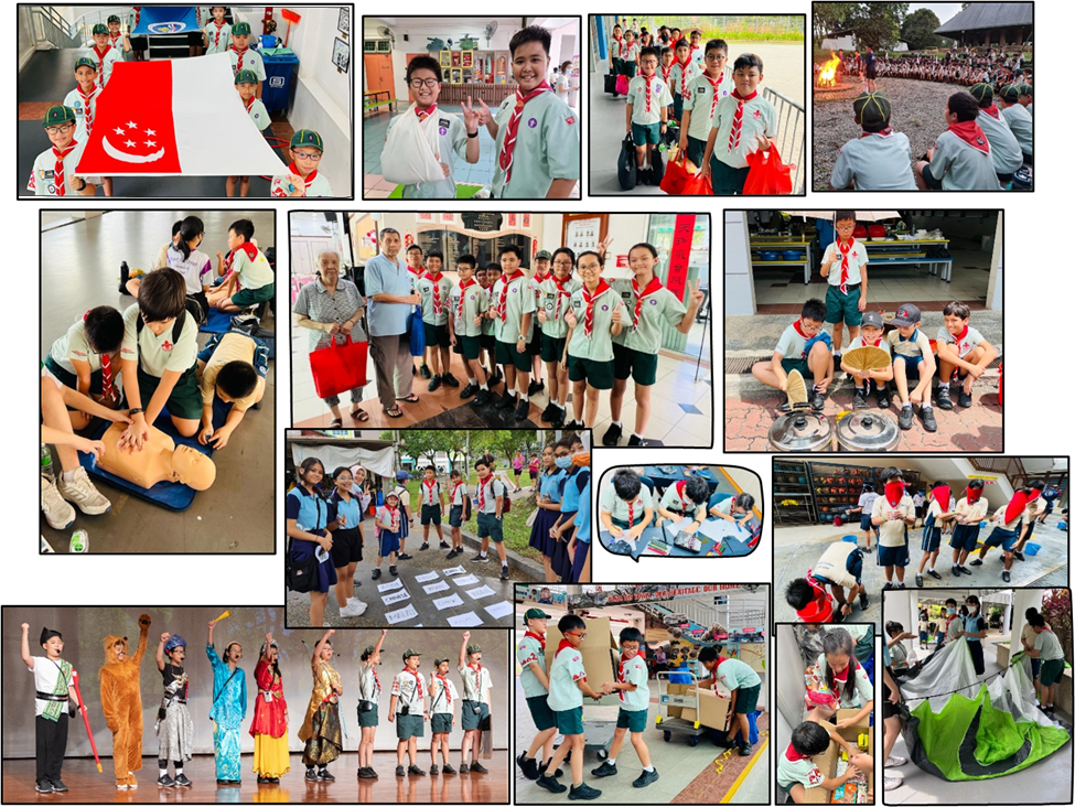 Collage of young scouts in uniform doing activities like CPR training, flag handling, campfire, and performances.