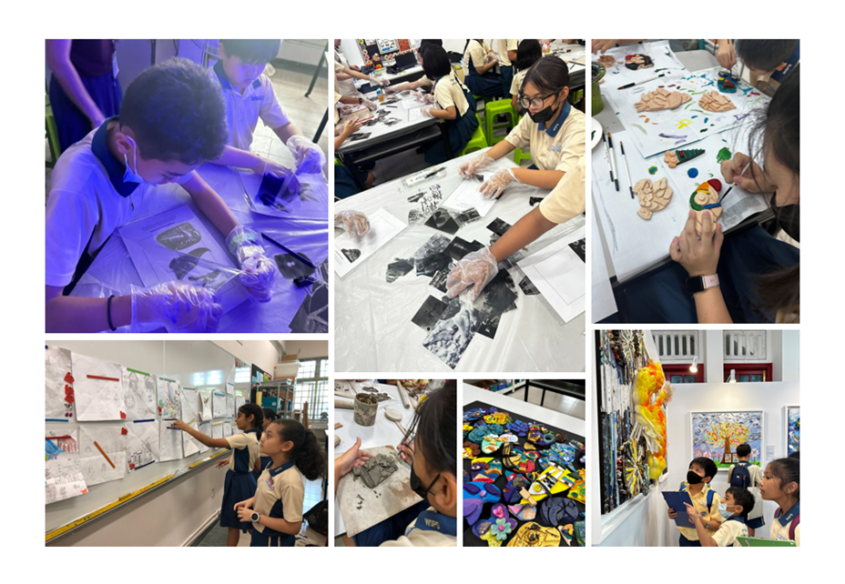 Students in school uniforms work on various art projects including printmaking, clay, and colorful crafts in a classroom.