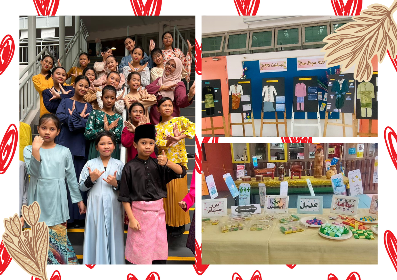 Children and teachers in traditional Malay attire pose on stairs, with displays of Hari Raya 2023 clothing and Jawi calligraphy.