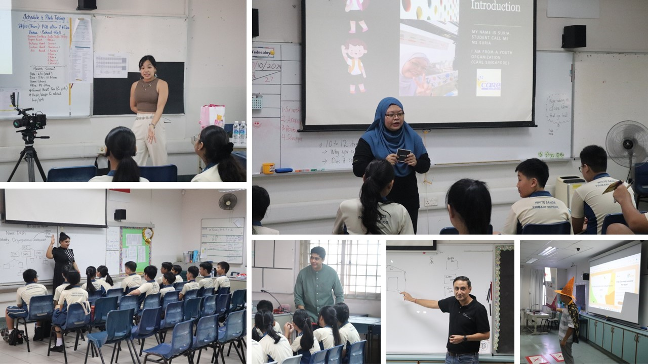 Five classroom scenes showing teachers presenting to students, with whiteboards and projector screens visible.