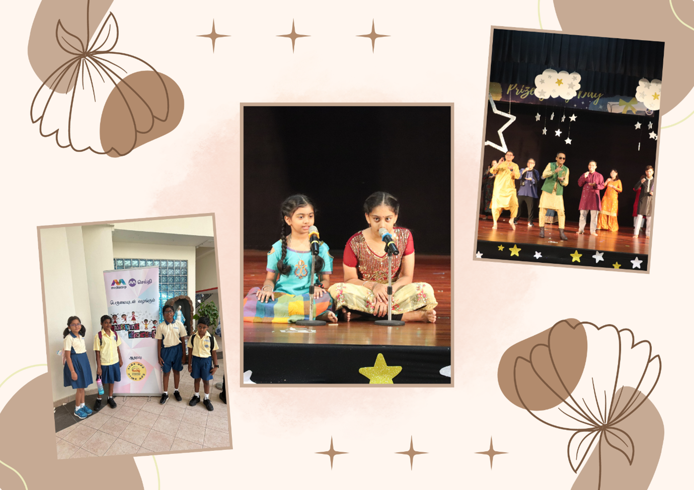 Three school event photos: students by a banner, two girls singing at mics on stage, and children performing on a decorated stage.