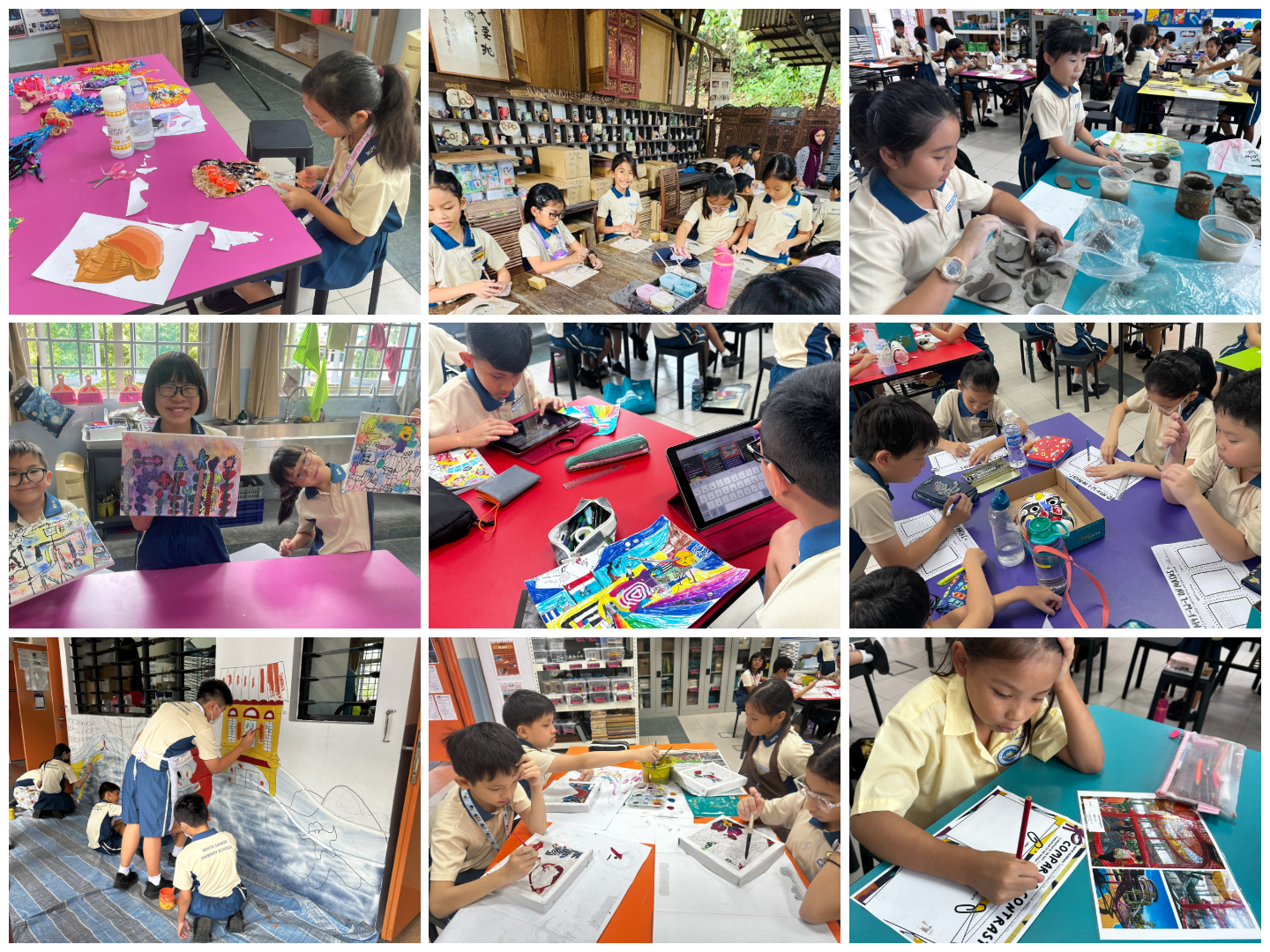 Nine photos of young students in uniforms doing various art activities including painting, clay work, and drawing.