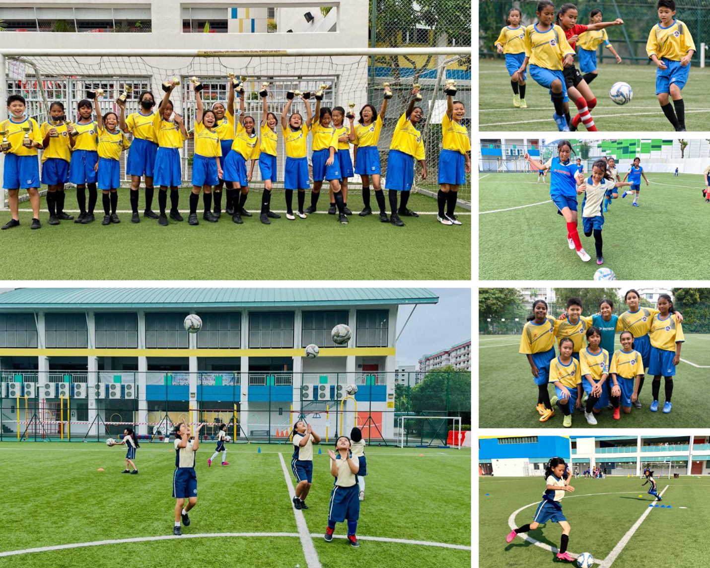 Collage of kids in yellow and blue soccer uniforms cheering, playing, and posing on a school field.
