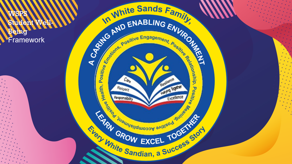 Circular WSPS Student Well-Being Framework badge with text "Learn Grow Excel Together" on a colorful background.