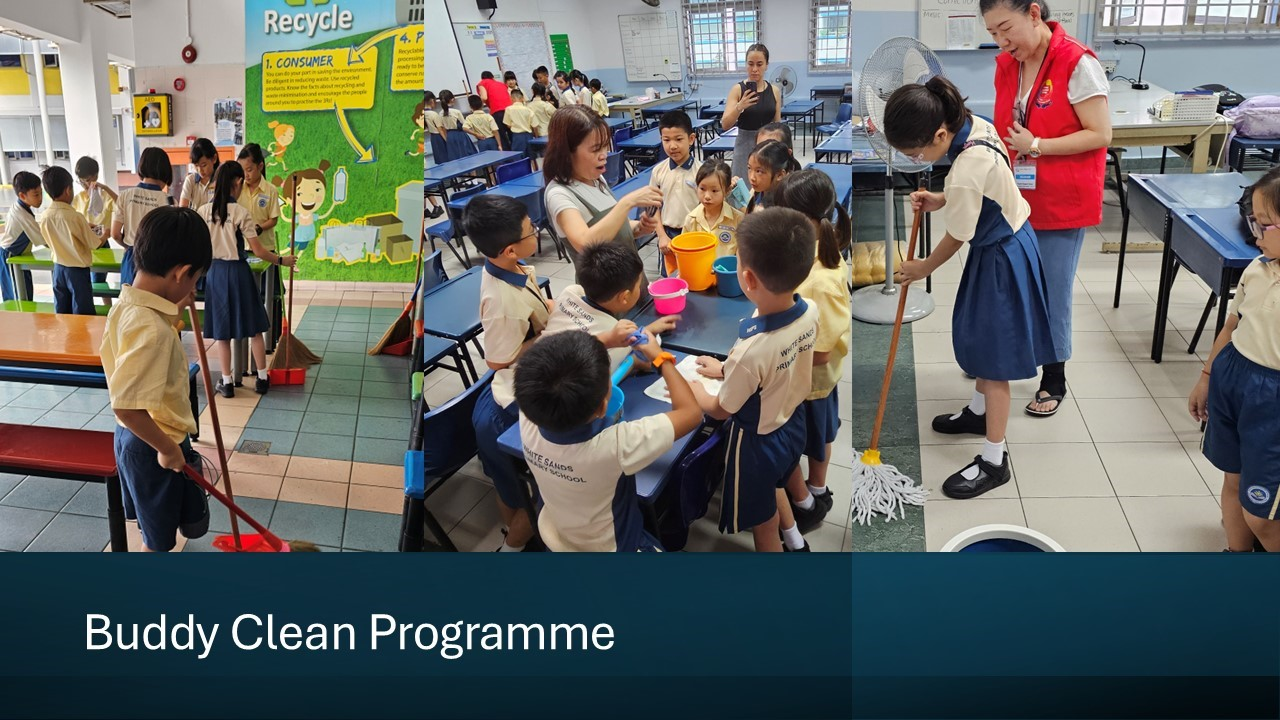 Primary school students and teachers cleaning a canteen with mops and buckets during the Buddy Clean Programme.