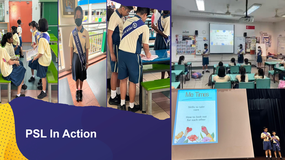 School students in uniforms with Peer Support Leader sashes engaging in activities, presentations, and classroom sessions.