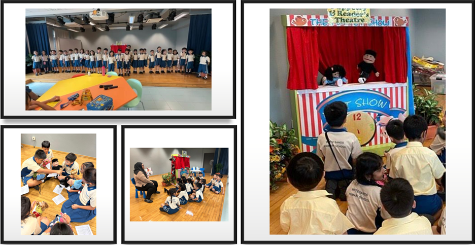 Young students in school uniforms watching a puppet show, sitting in a classroom, and standing in a group.