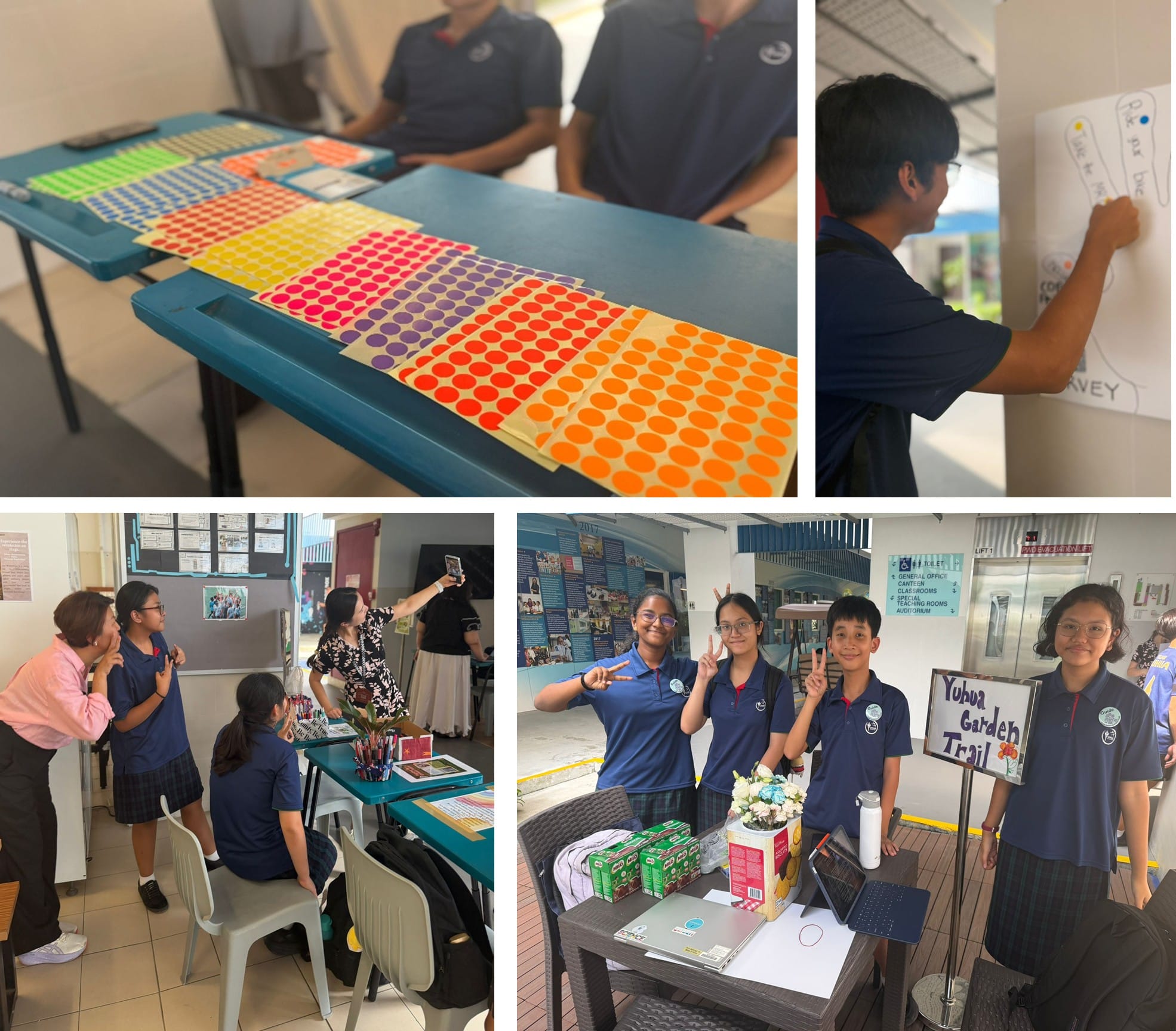 Students participate in school activities: colorful dot stickers on a table, writing on a board, group discussion, and posing at a garden trail booth.