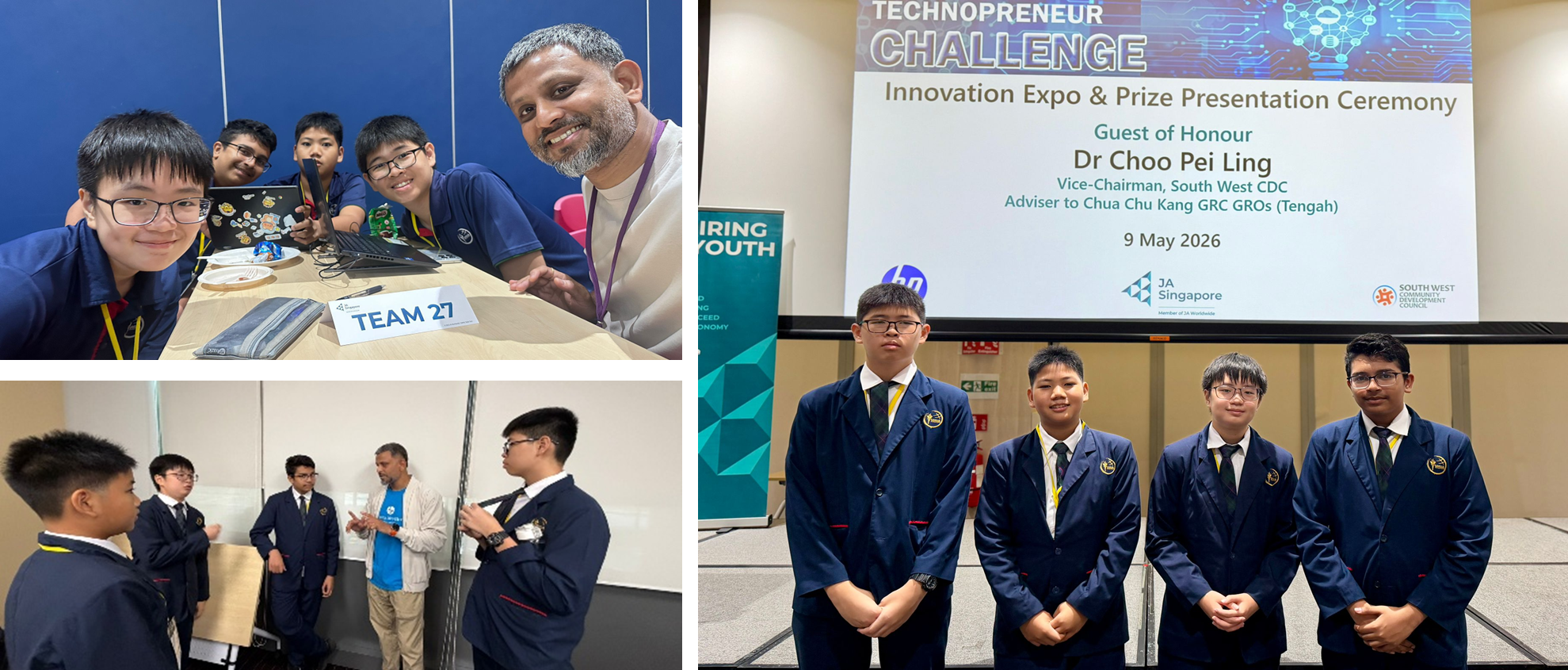 Four students in blazers pose at the Technopreneur Challenge Innovation Expo and Prize Presentation Ceremony.